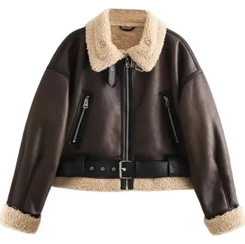 Dámská zimní bunda Zapínání na zip Plyšový límeček Pásek v pase Polyesterové provedení Elegantní hřejivý zimní kabát Stylová bunda na chladné období tmavě hnědá S