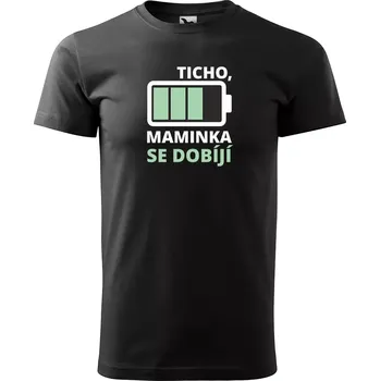 Pánské tričko Sablio Tričko s potiskem pro maminku TICHO, maminka se dobíjí - černé 5XL