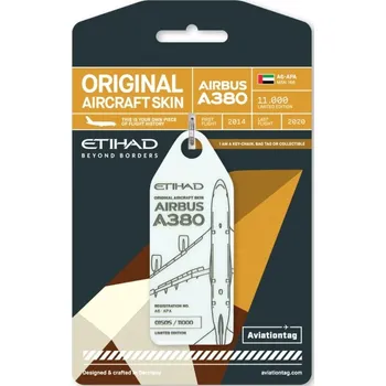 Přívěsek AviationTag - přívěsek ze skutečného letadla Airbus A380, Etihad, A6-APA, bílý