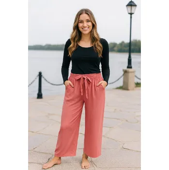 Dámské kalhoty NOVINKA- Elegantní kalhoty s širokými nohavicemi - růžové