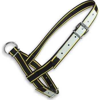 Ohlávka pro krávy a mladé býčky,vel. M nastavitelná, kožená výztuž, s D-kroužkem, černá - žlutá