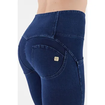 Dámské kalhoty Freddy kalhoty WR.UP v džínově tmavě modré, modrý šev, vysoký pas na knoflíčky, superskinny střih, 7/8 délka, denim žerzej Možnosti velikostí: XL