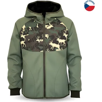Chlapecká bunda ZÁHOŘÍ Rudel ZÁHOŘÍ Dětská softshellová bunda s kapucí - zelená s jeleny Velikost: 110