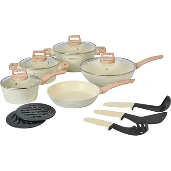 Sada nádobí Herzberg Cooking Herzberg HG-WDBEJ14: 14 kusů žulových rukojetí s dřevěným akcentem - Biege