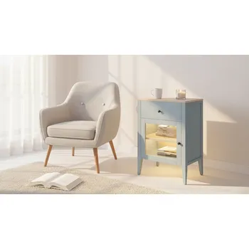 Komoda Buková komoda ROMA KT7 šedomodrá Dvířka: Dvířka - mléčné sklo, Úchyty: úchyt - černá