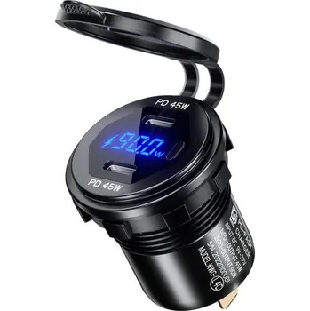 Mobilly voděodolná vestavná nabíječka/zásuvka s monitorem napětí, 2x USB-C, rychlonabíjení PD, 90W