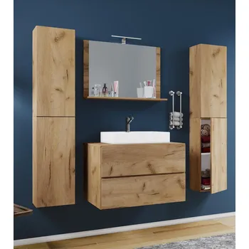 Koupelnový nábytek VCM 5dílná umyvadlová skříňka Lendas XL 80 cm se zrcadlem a 2 vysokými skříňkami, dub medový 488416