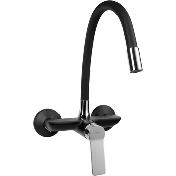 Vodovodní baterie Aqualine Sintra dřezová baterie nástěnná 150 mm flexibilní ramínko černá chrom SX013-70