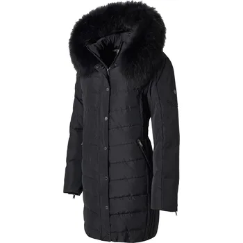 SAKI EVELYN 95 cm - Dámský černý péřový kabát s kapucí a kožešinou z jenota 36