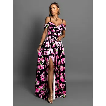 Dámské šaty Černé dlouhé saténové květinové šaty MAXWELL Velikost: ONESIZE