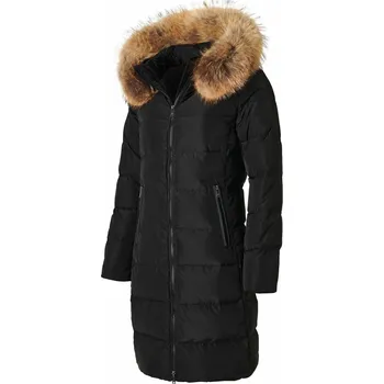 SAKI MAXI 90 cm – Černý péřový kabát s kapucí a přírodním límcem 36