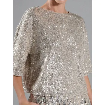 Dámská móda Sinsay - Flitrová halenka s krátkým rukávem - sříbrná - 664FG-SLV - 664FG-SLV-XS