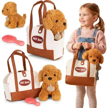 plyšák OEM Plyšové štěně v tašce Hnědý pudl pro děti + kartáč na úpravu srsti