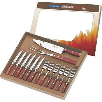 Stolování Tramontina Churrasco Steakový příbor - červené dřevo, 12 ks + porcovací nůž a vidlička