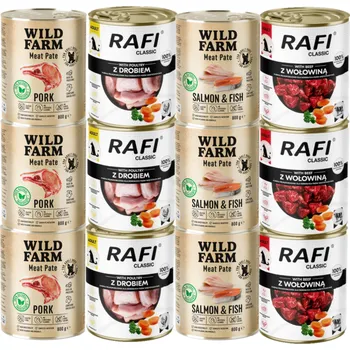 Krmivo pro psa DOLINA NOTECI Rafi Classic + WILD FARM Pate Mix chutí 12x800g