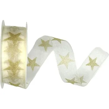 Stuha Stuha vánoční STARGLOW ORGANZA CREAM krémová 25mm x 3m (9,-Kč/m) (Vánoční stuha organzová, krémová, oboustranný potisk, jemný glitrový efekt, s vlascem v lemu)