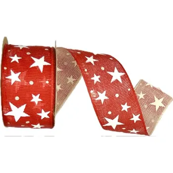 Stuha Stuha vánoční LINEN STAR MAGIC RED červená 40mm x 2m (15,-Kč/m) (Vánoční stuha lněná, červená, jednostranný potisk, jemný glitrový efekt, okraje zpevněné tkaním)