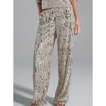 Dámské kalhoty Sinsay - Kalhoty wide leg s flitry - sříbrná - 627FJ-SLV - 627FJ-SLV-L