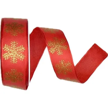 Stuha Stuha vánoční WINTER GOLD FLAKES RED červená 25mm x 3m (10,-Kč/m) (Vánoční stuha taftová, červená, jednostranný potisk, jemný glitrový efekt, s vlascem v lemu)