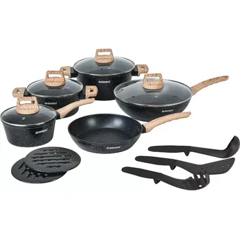 Sada nádobí Herzberg Cooking Herzberg HG-WDMRB14: 14 dílů s granitovým povrchem a dřevěnou rukojetí - černá barva