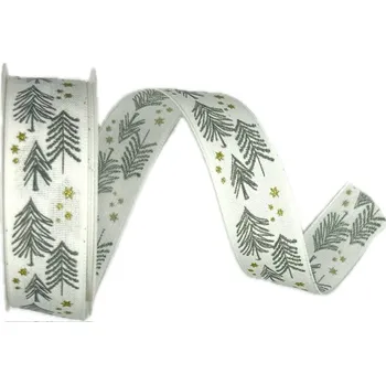 Stuha Stuha vánoční X-MAS TREES BLACK bílá 25mm x 3m (9,-Kč/m) (Vánoční stuha bavlněná, jednostranný potisk, s vlascem v lemu)