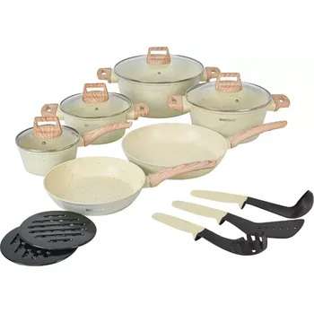 Sada nádobí Herzberg Cooking Herzberg HG-WDBEJ15: 15 kusů žulových rukojetí s dřevěným akcentem - Biege