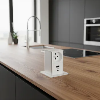 Elektrická zásuvka Interex design Výsuvná zásuvka SQUARE UP FRENCH 1x230V + USB A-C / Bílá matná