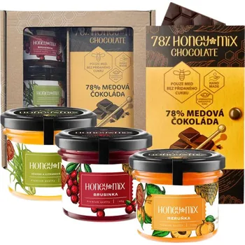 HoneyMix Dárková sada medů s čokoládou, Meruňka, Zázvor a citronová tráva, Brusinka, 3x140 g + medová čokoláda, 60g