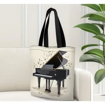 Černá jutová taška s potiskem klavíru