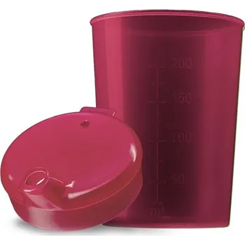 Jednorázové nádobí Pohárek na nápoje s víčkem a savičkou, plastový, červený, 250 ml, 50 ks