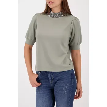 MONARI CITY STYLE dámské triko khaki s flitry kolem krku