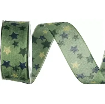Stuha Stuha vánoční GREEN STARS I zelená 25mm x 2m (Stuha taftová ,tmavě zelená, potisk hvězd, oboustranná, s drátkem v lemu)