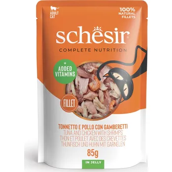 Krmivo pro kočku 24x85g Schesir Complete Nutrition Fillet v želé - tuňák a kuřecí s krevetami