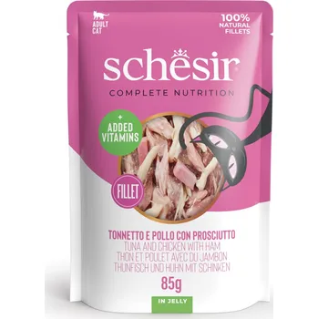 Krmivo pro kočku 24x85g Schesir Complete Nutrition Fillet v želé - tuňák a kuřecí se šunkou