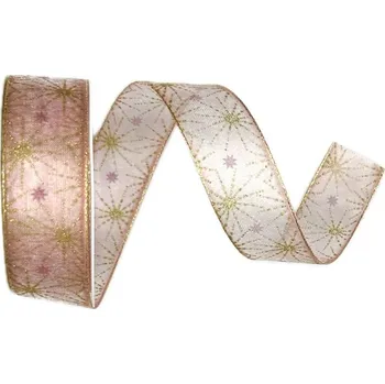 Stuha Stuha vánoční STARDUST RADIANCE ROSE GOLD růžová 25mm x 3m (11.50,-Kč/m) (Vánoční stuha organzová, růžová, jednostranný potisk, transparentní, jemný glitrový efekt, s vlascem v lemu)