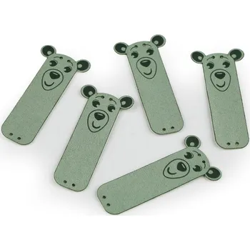 Nášivka / štítek z eko kůže medvídek, střední, 5 zelená šalvěj světlá