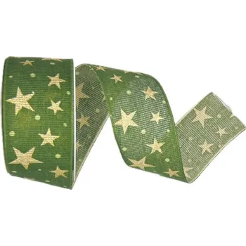 Stuha Stuha vánoční LINEN STAR MAGIC GREEN zelená 40mm x 2m (15,-Kč/m) (Vánoční stuha lněná, zelená, jednostranný potisk, jemný glitrový efekt, okraje zpevněné tkaním)