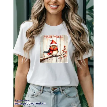 Dámské tričko Trička s potiskem Tričko s potiskem, PTÁČEK S ČEPÍCÍ - VESELÉ VÁNOCE, 1 ks zvolte VELIKOST textilu ZDE:: M- velikost typ Beagle
