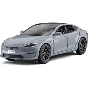 autíčko Tesla model S kovový model hračka na baterie světla zvuk 1:24 Šedá