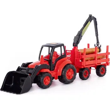 autíčko Plastový traktor s nakladačem a přívěsem na klády se žeriavem