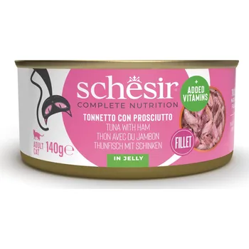 Krmivo pro kočku 24x140g Schesir Complete Nutrition Fillet v želé - tuňák se šunkou