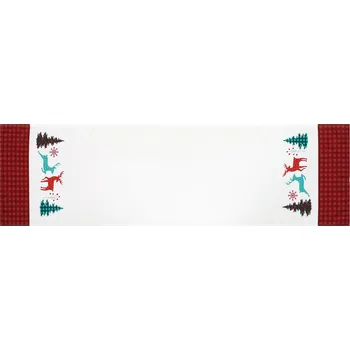 Vánoční dekorace Autronic Běhoun bílý - vánoční, červené okraje, 100% polyester, 40 x 150 cm
