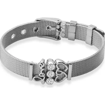 Náramek Síťovaný náramek z 316L oceli ve stříbrné barvě, propojená srdíčka, zirkony a nápis "LOVE"
