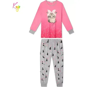 Dívčí pyžamo Dívčí pyžamo Kugo MP5866 růžovo-šedé (Bavlněné pyžamo pro dívky s kočkou)
