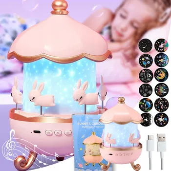 Dětské svítidlo Noční lampa projektor , 12 projekcí, kolotoč, králíček USB reproduktor