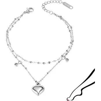 Náramek Dvojitý ocelový řetízek na kotník nebo zápěstí, stříbrná barva - vypouklé srdce, kubické zirkony, drobné korálky
