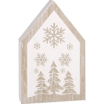 Vánoční dekorace Domek s bílým potiskem dřevěný na postavení 7,5 x 12 x 2 cm