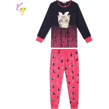 Dívčí pyžamo Dívčí pyžamo Kugo MP5866 tm. modro-růžové (Bavlněné pyžamo pro dívky s kočkou)