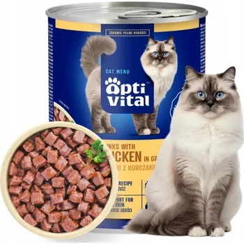 Krmivo pro kočku KRMIVO VLHKÉ PRO KOČKY KOUSKY S KUŘECÍM MASEM V OMÁČCE PLECHOVKA 415G OPTIVITAL