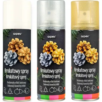 Textilie SADA 3x100ml dekorační sprej s třpytkami ZLATÝ STŘÍBRNÝ MULTICOLOR Arpex